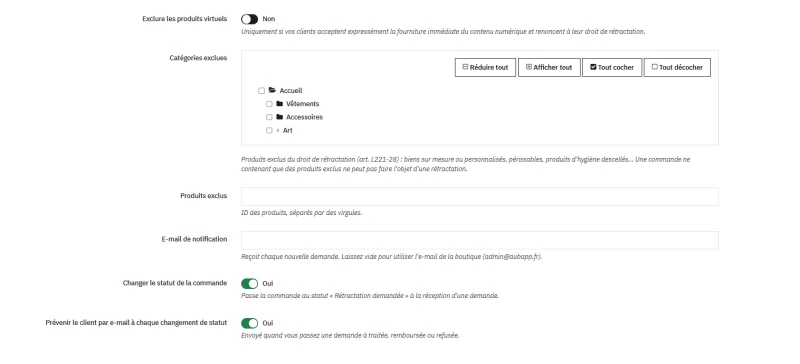 Bouton de rétractation en ligne pour PrestaShop — capture 3